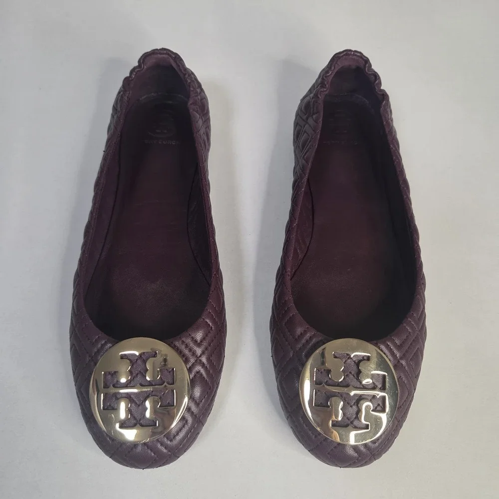 Tory Burch Minnie Quilted Nappa Leather Ballet Flats Port Burgundy Wine US 10